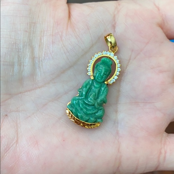 14K Real Gold Guanyin Kwan Yin Buddha Jade Pendant - Picture 2 of 10